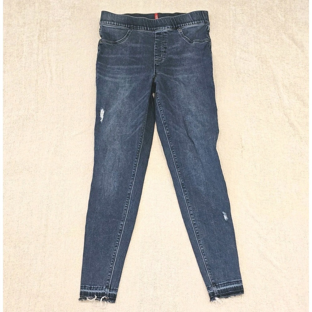 EUC SPANX  Thrashed Distressed Ankle Skinny High Rise Jeans Women's Sz L Raw Hem